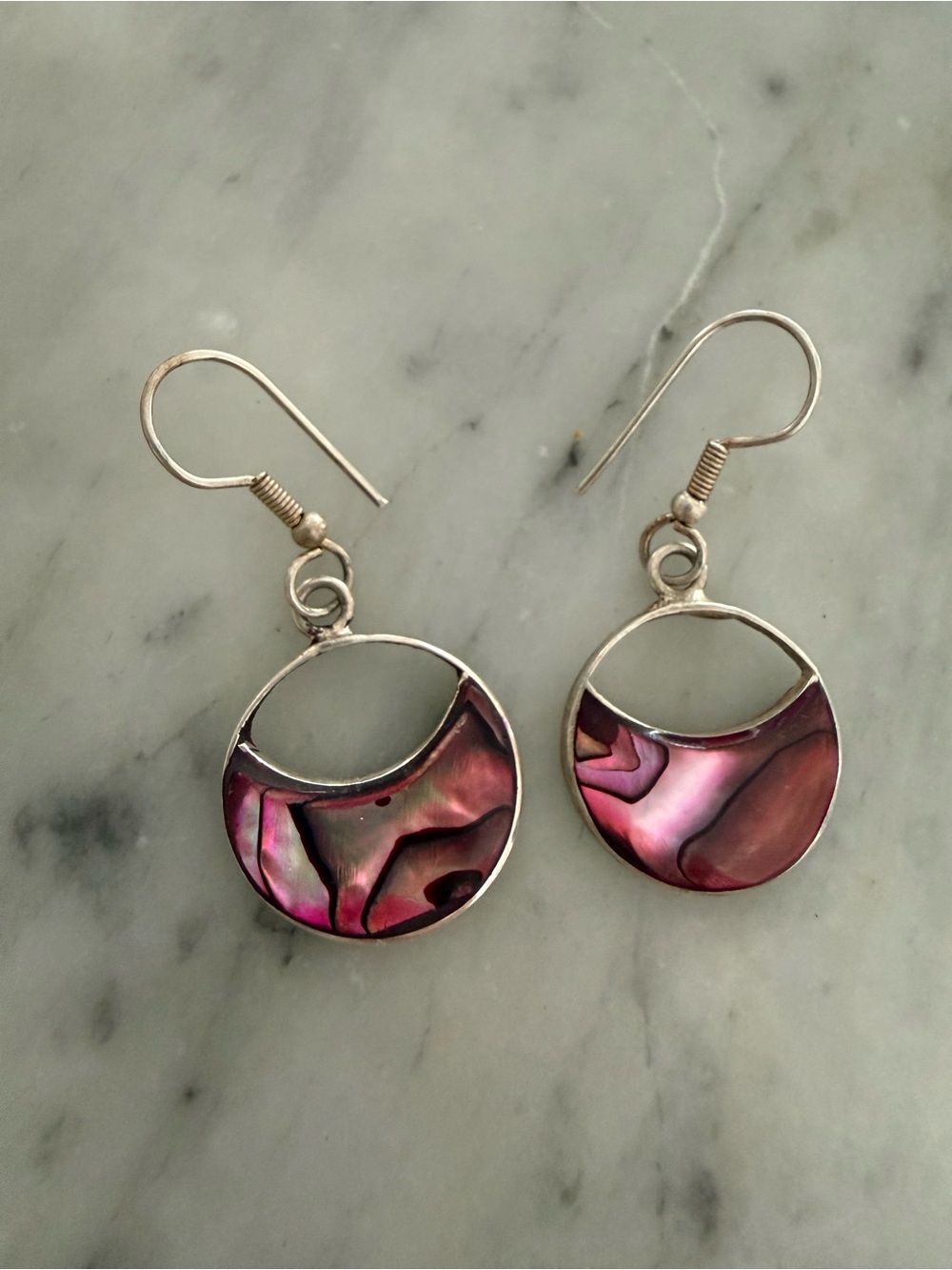 Vintage Handcrafted Mexican Alpaca Silver & Pink Abalone Inlay Earrings